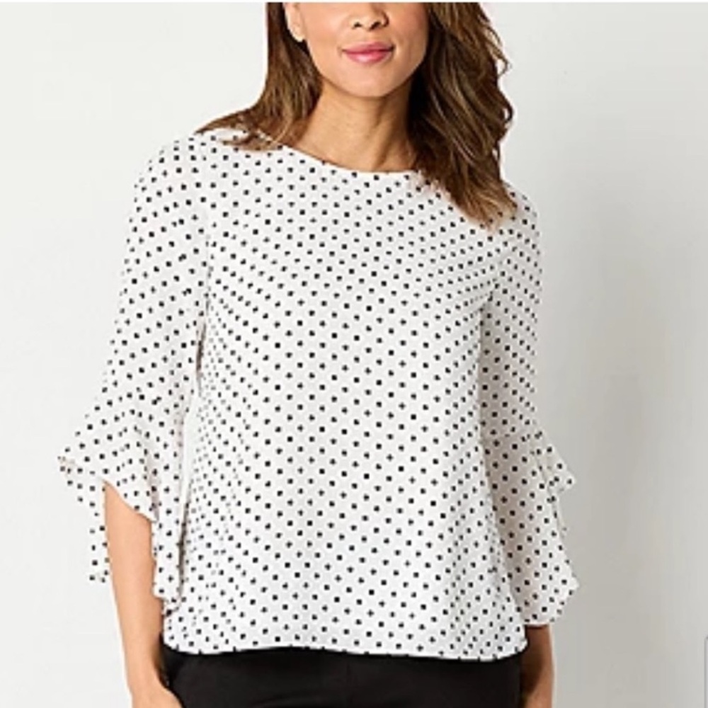 Black Label‎ by Evan-Picone Polkadot  3/4 Ruffle Sleeve Blouse Size Large